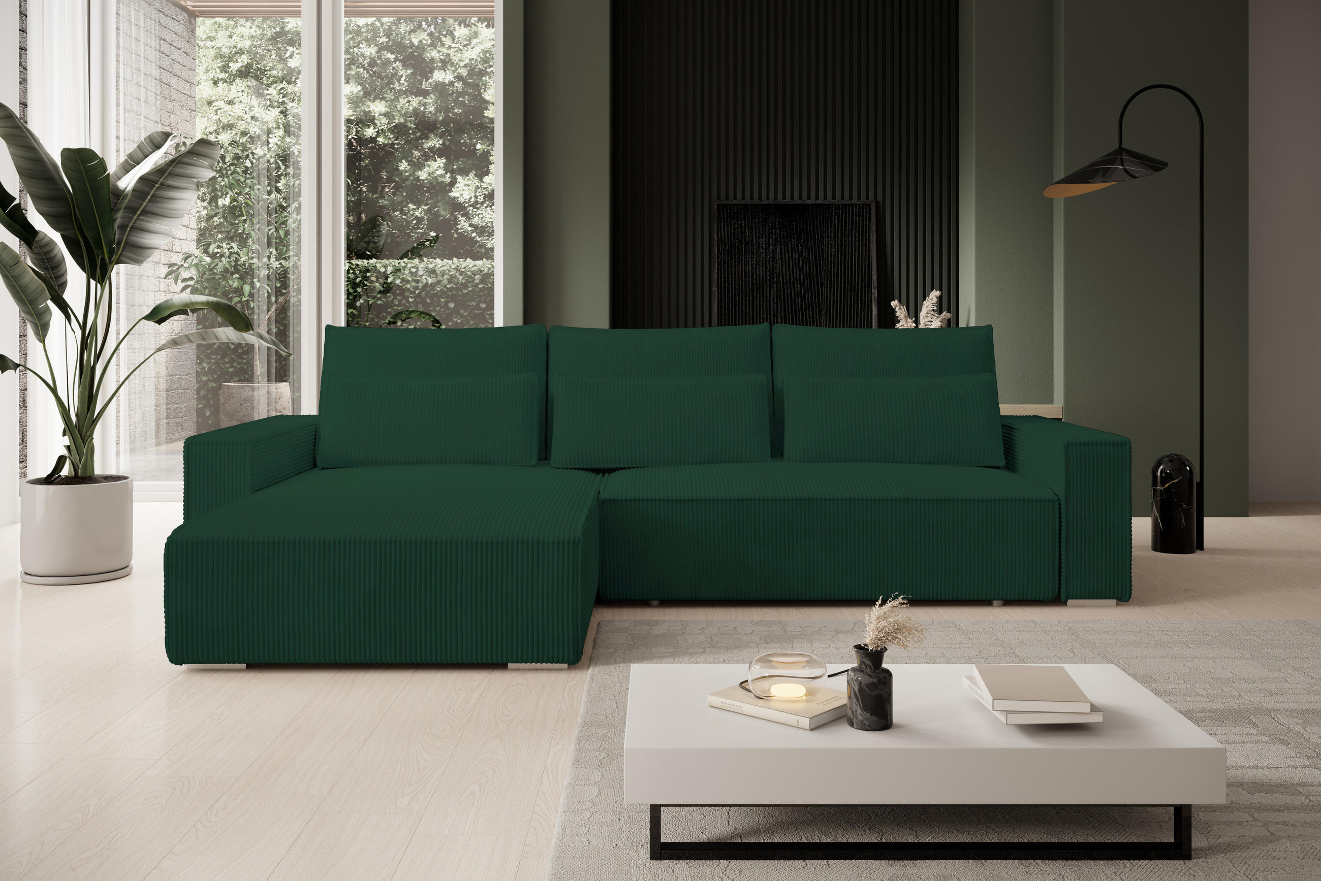 ECKSOFA Alice mit Bettkasten und Schlaffunktion, Cordstoff in L-Form - Grün, Textil (289/184cm)
