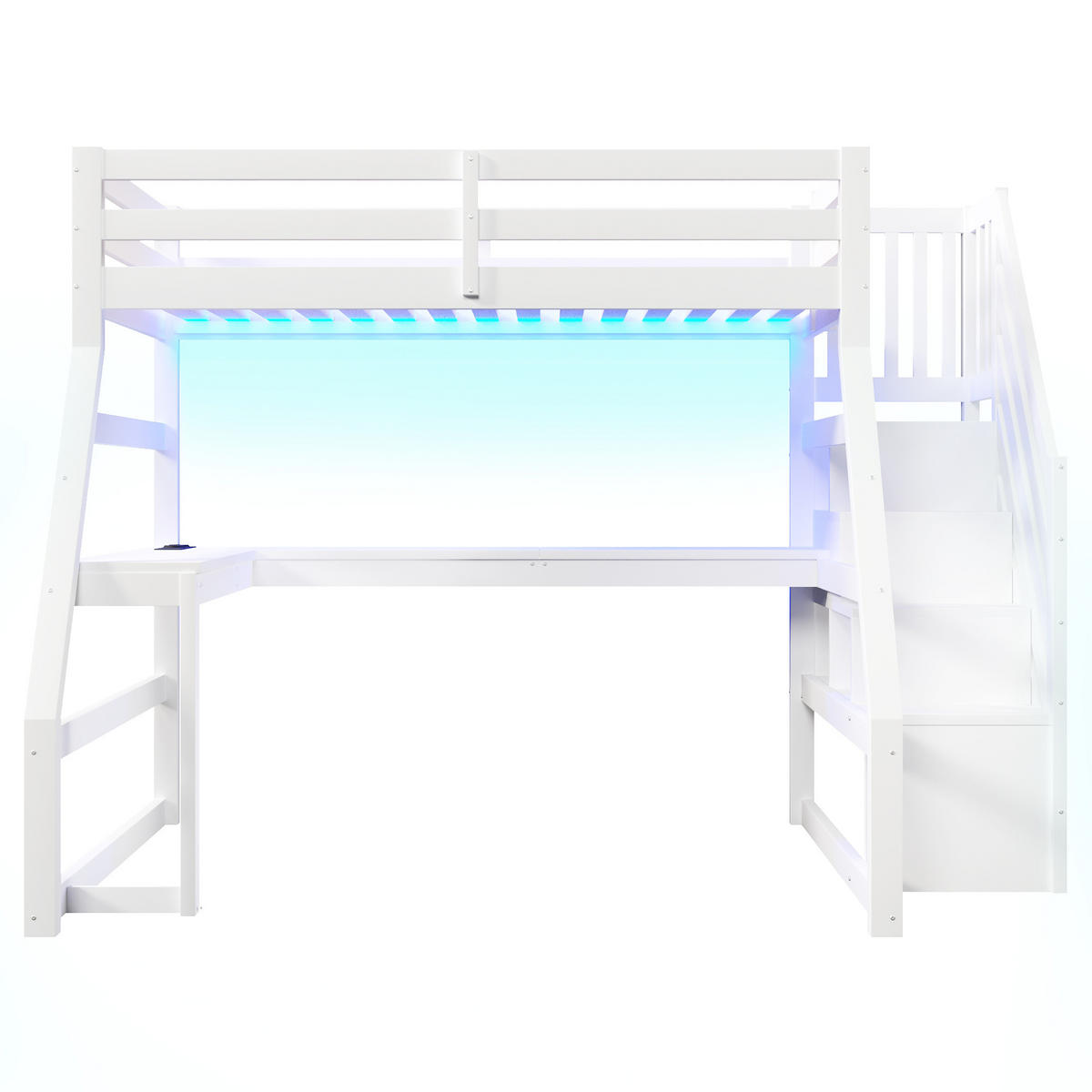 HOCHBETT 90x200 cm mit L-förmigem Schreibtisch, Stauraumtreppe und LED-Beleuchtung, Kiefernholz MDF Sperrholz, weiß - Weiß, Holzwerkstoff (90/200cm) - Luhomfu