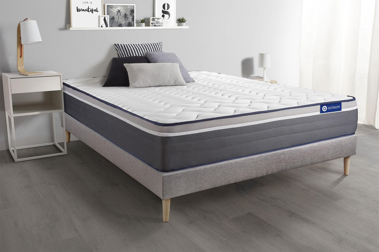 BETT Actilatex plus Latex und Memory-Schaum 140 x 200 cm h4 - Kit Bettgestell Grau - Beige/Grau, Holz (140/200cm) - ACTISOM