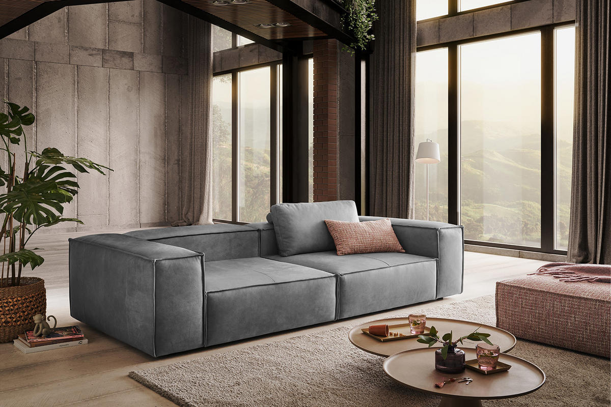 SOFA CARMO Grau Leder - Schwarz/Grau, Leder/Kunststoff (266/68/118cm) - KAWOLA