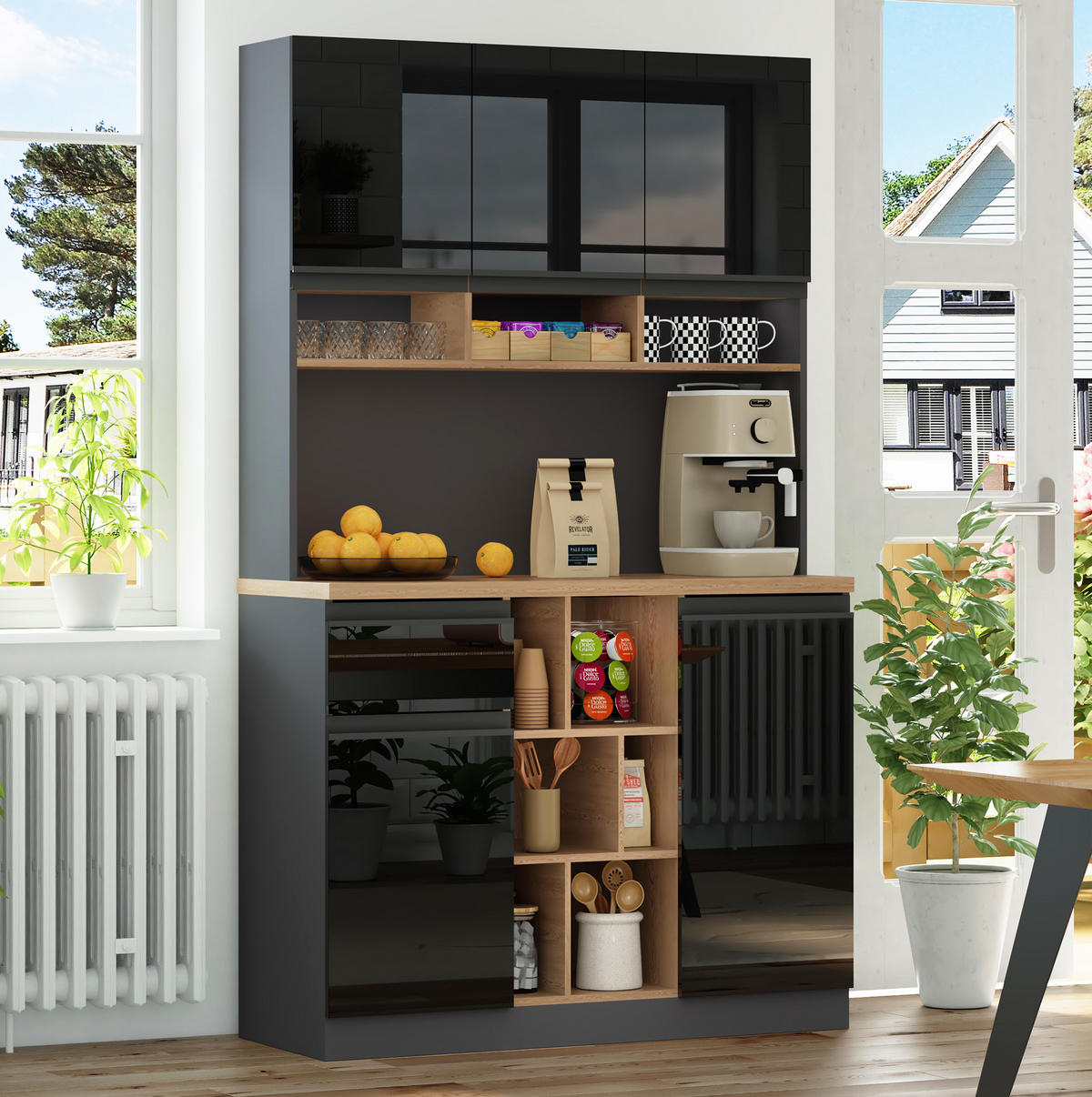 BUFFET 105/185/45 cm Anthrazit/Schwarz aus MDF mit verstellbaren Einlegeböden - Schwarz, Holzwerkstoff (45/185/105cm) - OKMYHOME