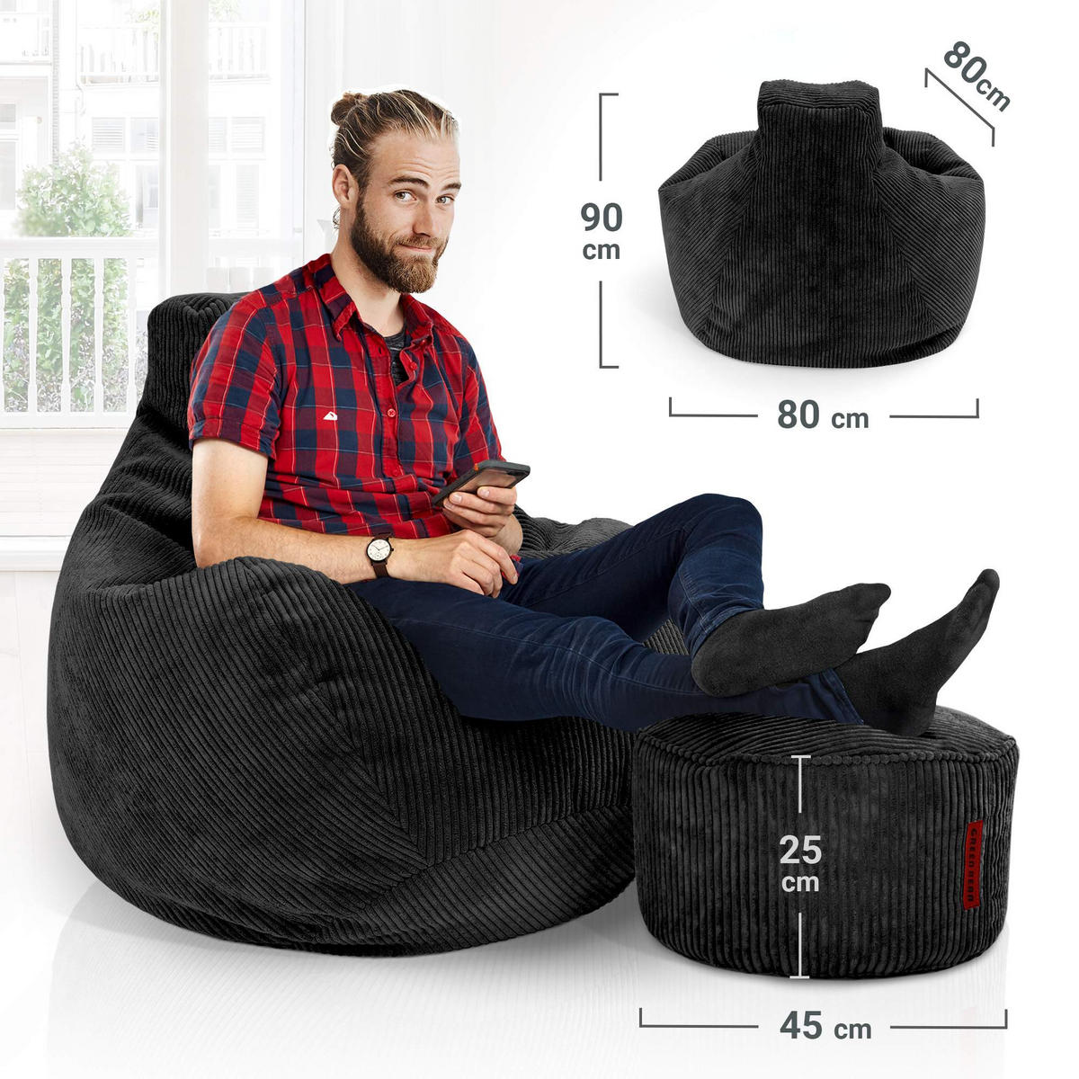 LOUNGE-SITZSACK Cozy + Fußhocker - Schwarz, Textil (80/90/90cm) - Green Bean