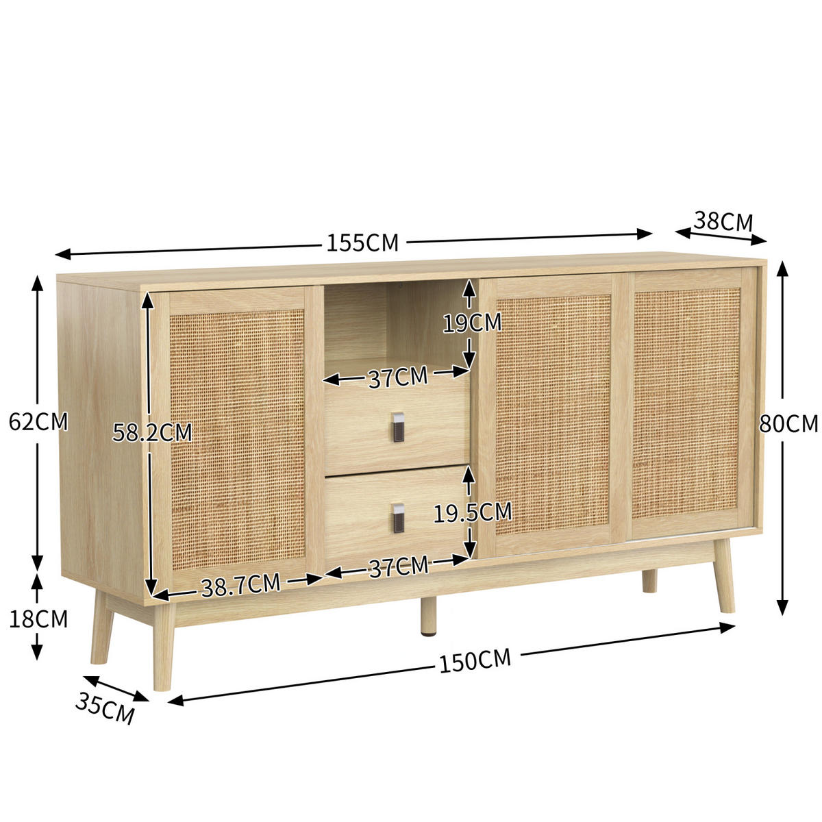 SIDEBOARD 155x38x80 cm Echtes Rattan, 3 Schiebetüren, 2 Schubladen, Massivholzfüße - Naturfarben, Holz (155/80/38cm) - PARAFTA HOME