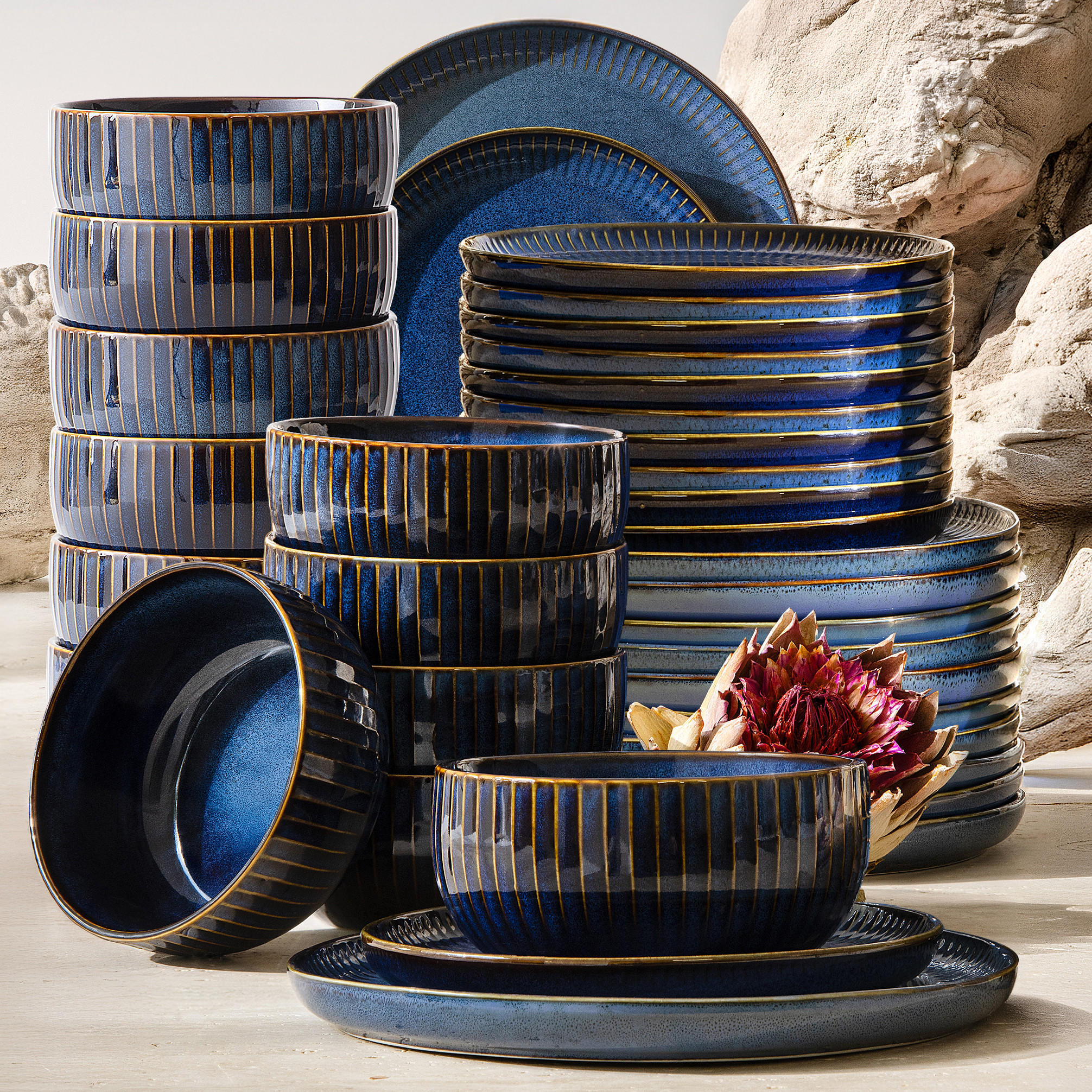 TAFELSERVICE AD STRIPES 12 PERSONEN, 36-tlg - Dunkelblau, Keramik (26/7/26cm) - KONSIMO®