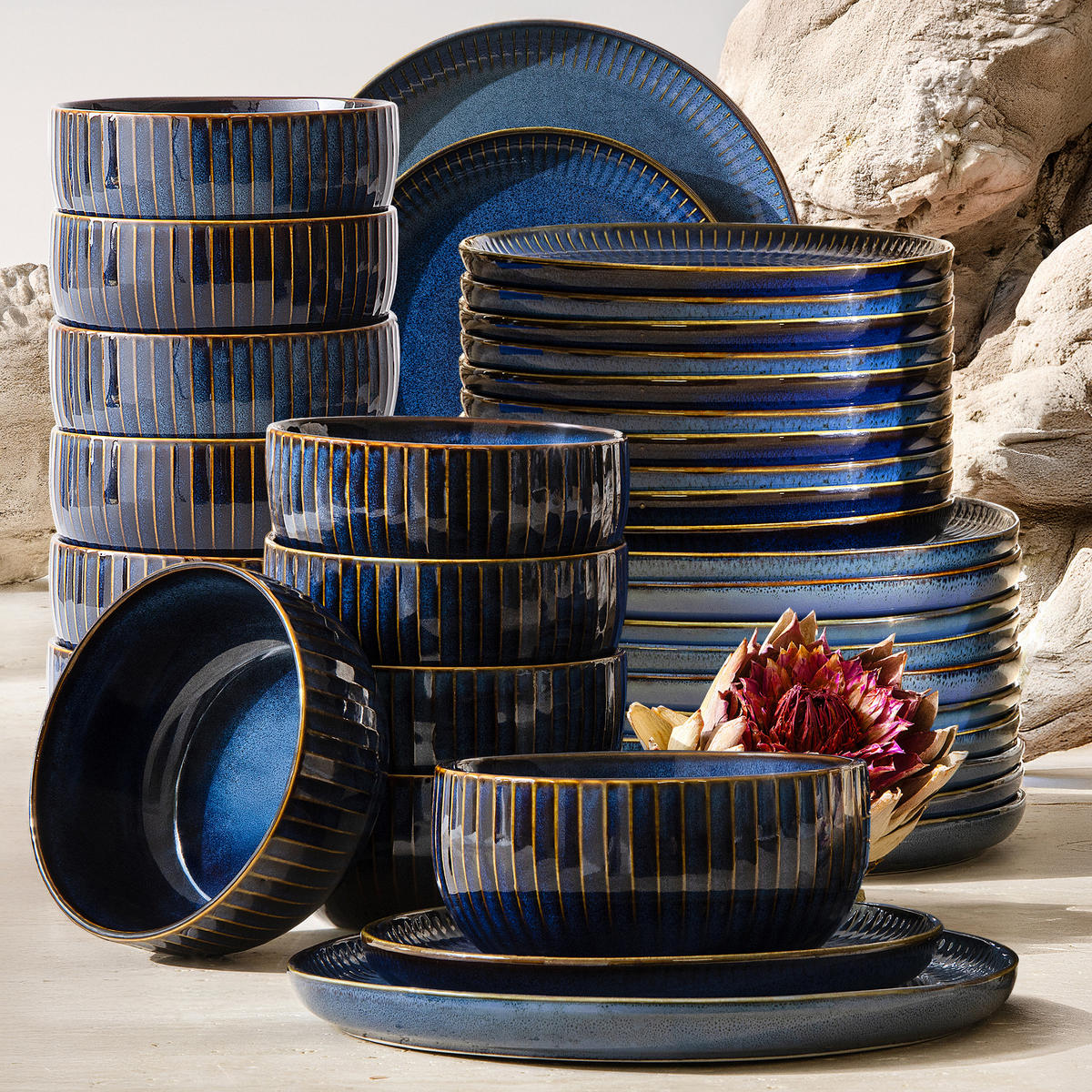 TAFELSERVICE AD STRIPES 12 PERSONEN, 36-tlg - Dunkelblau, Keramik (26/7/26cm) - KONSIMO®