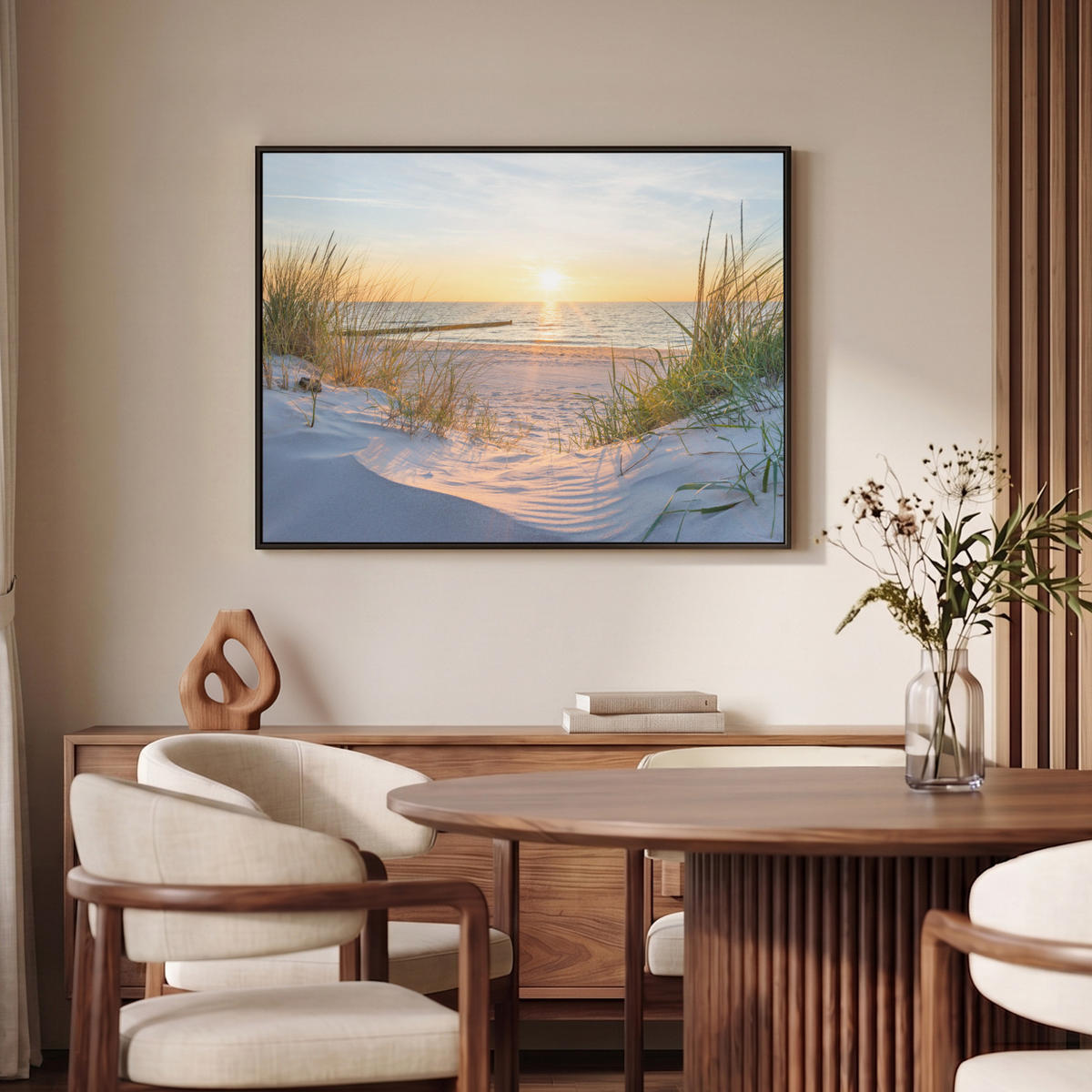 LEINWAND Bilder mit Rahmen - Strand - Sonne - Düne - Gras - Sand - Horizont - 100x70 - Hellblau, Textil (100/70cm) - MuchoWow
