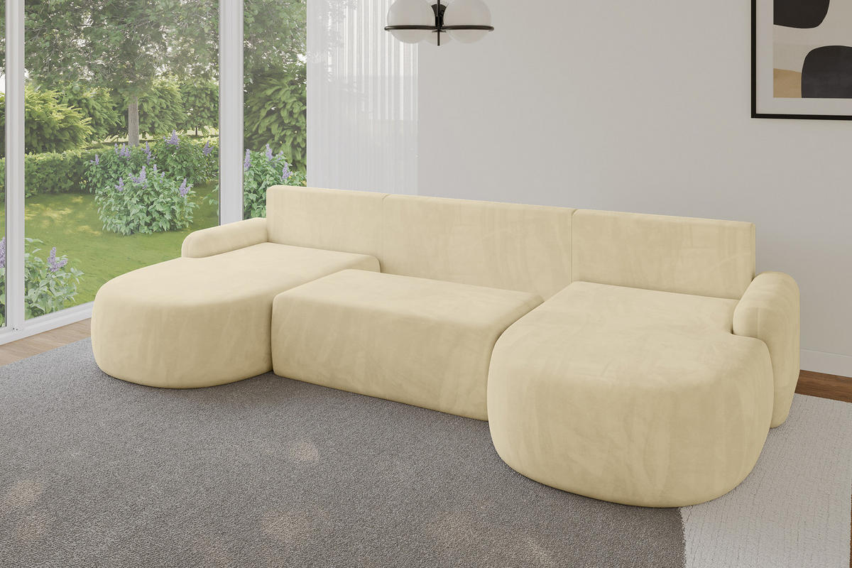 WOHNLANDSCHAFT mit Schlaffunktion und Bettkasten LIRA-U - 335x172x89 Beige - Ecru, Holzwerkstoff/Textil (335/89/172cm) - ALTDECOR