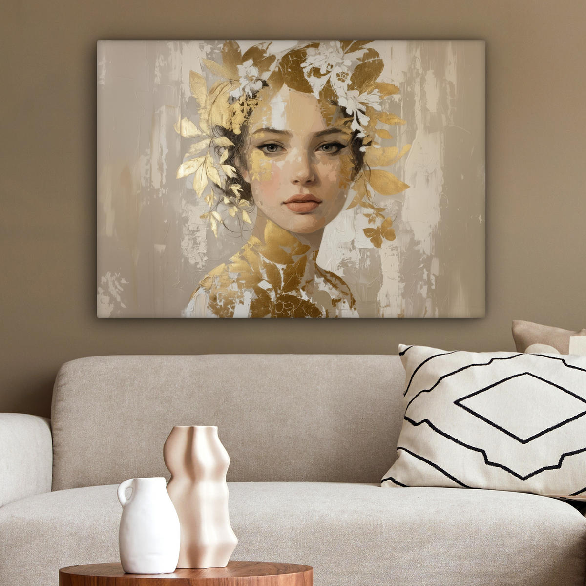 LEINWANDBILD Gesicht - Frau - Blätter - Gold Wandbilder 80x60 cm - Beige, Textil (80/60cm) - MuchoWow
