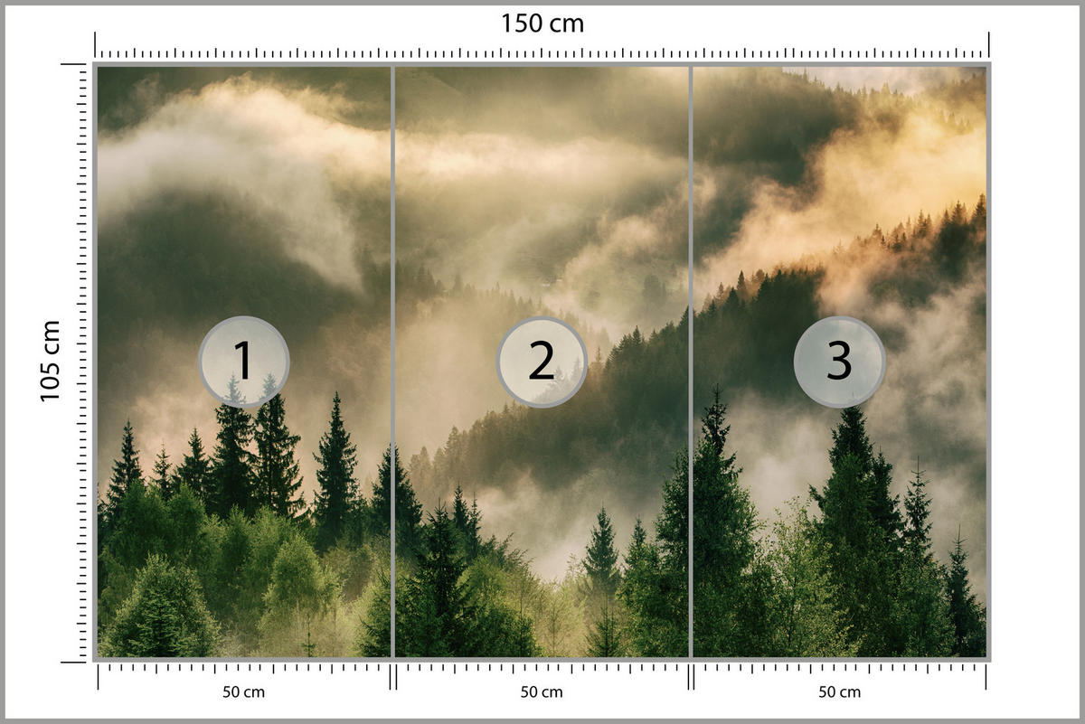 FOTOTAPETE für Wohnzimmer Neblige Landschaft Bergwald Nadelbäume 150x105 - Gelb/Orange, Papier (150/105cm) - Muralo