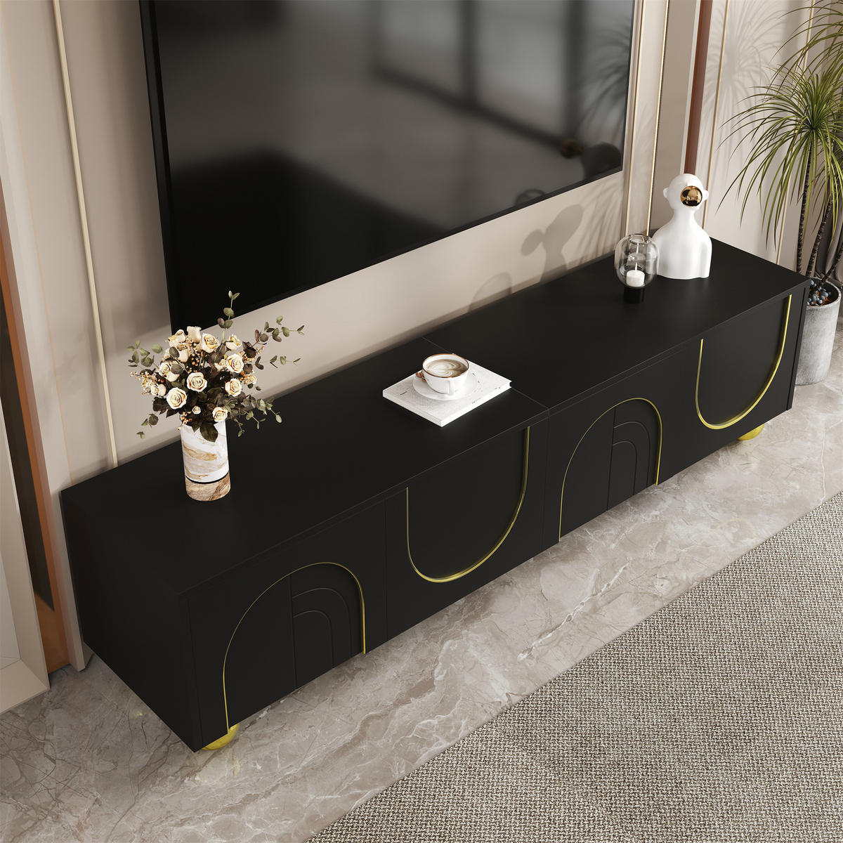 LOWBOARD in Schwarz und Gold TV-Schrank mit strukturierten Türen für Wohnzimmer, B170/T38/H44 cm - Goldfarben/Schwarz, Holzwerkstoff/Metall (170/44/38cm) - STILVORA