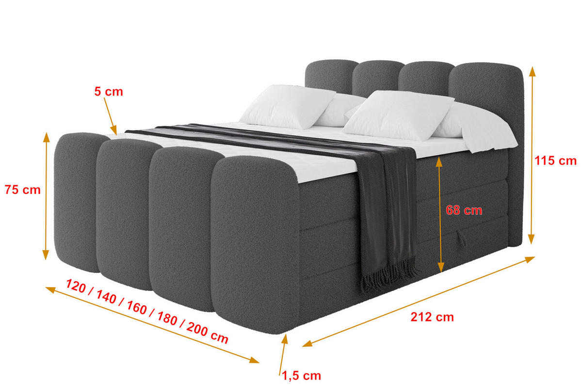 BOXSPRINGBETT mit Matratze H3/H4 - NINA-Z KING - 160x200 cm Grau - Titanfarben, Holzwerkstoff (160/200cm) - ALTDECOR