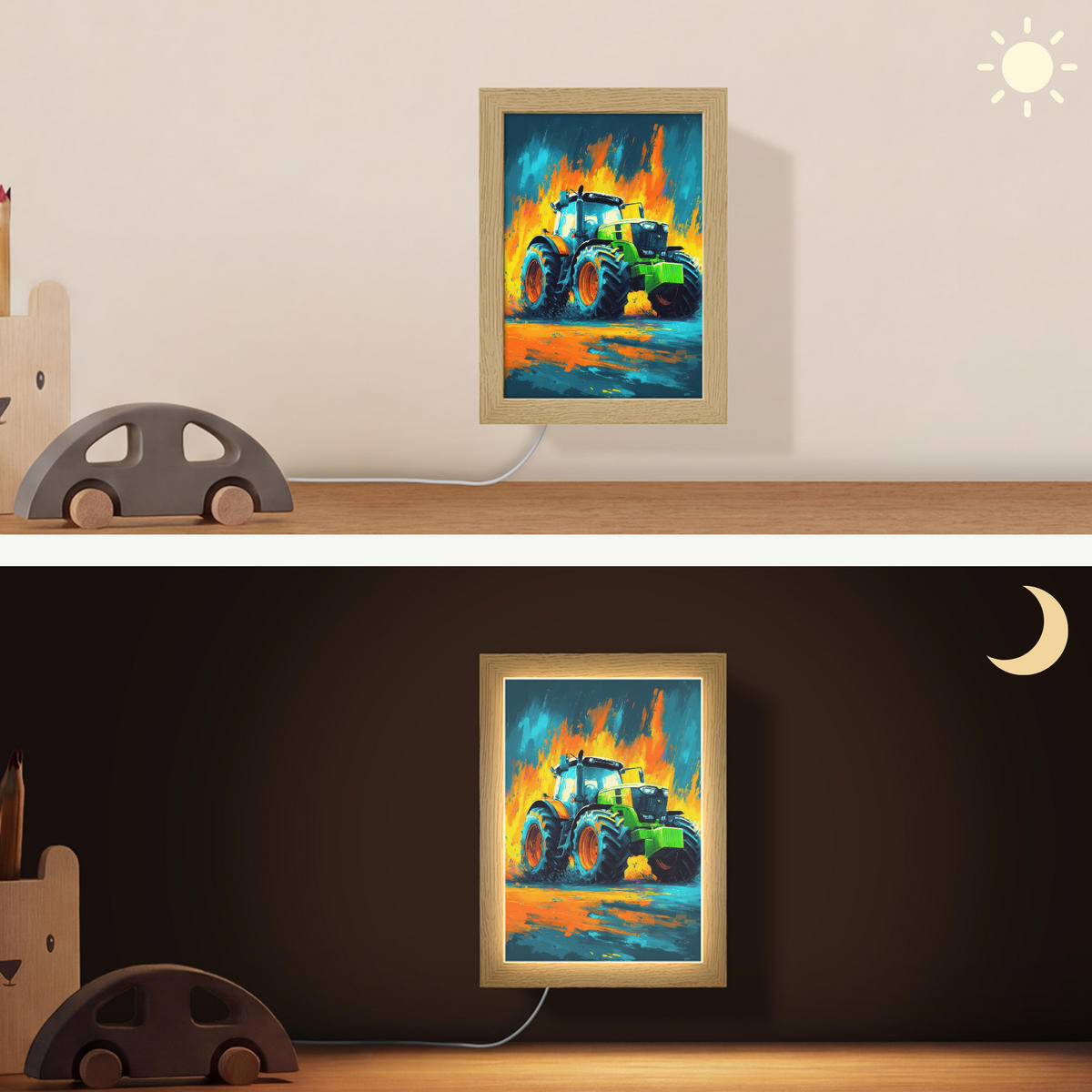 NÁSTĚNNÁ LAMPA Abstrakt - Traktor - Zelený 15x20 cm - tmavě modrá, kompozitní dřevo (15/20/8cm) - OnlyWow