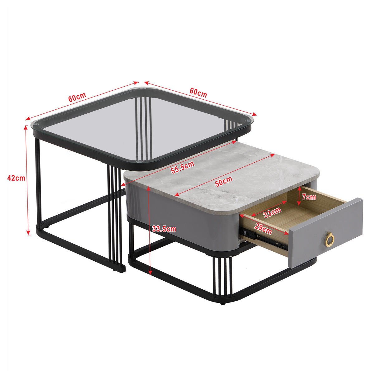 COUCHTISCH-SET aus MDF 60x60x44,5 cm Schwarz/Grau mit Glasplatte und 2 Schubladen - Schwarz, Holzwerkstoff (60/60/45cm) - IVMEU