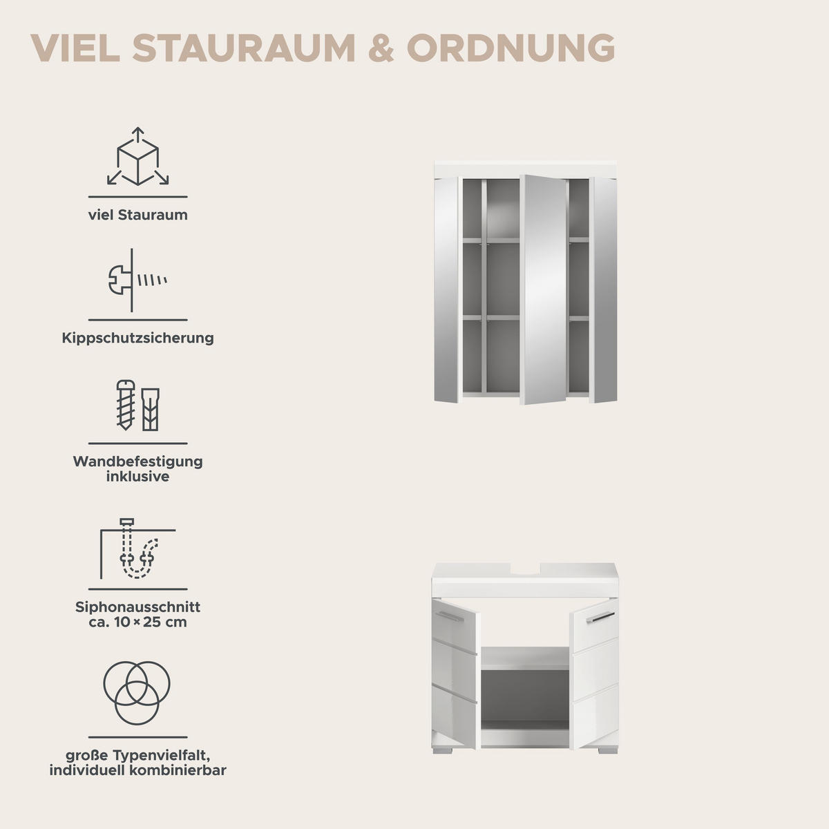 BADKOMBINATION 2tlg. Scout Bad in weiß Nachbildung und weiß hochglanz B/H/T: 60x191x34 cm - Weiß, Holz (60/191/34cm)