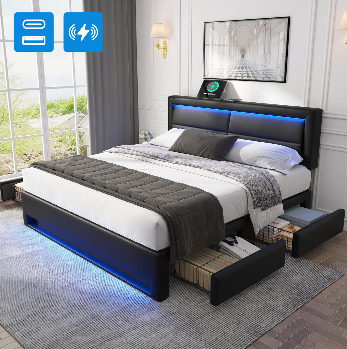POLSTERBETT 140/190 cm Schwarz aus PU mit USB und LED - Schwarz, Kunststoff (140/190cm) - OKMYHOME