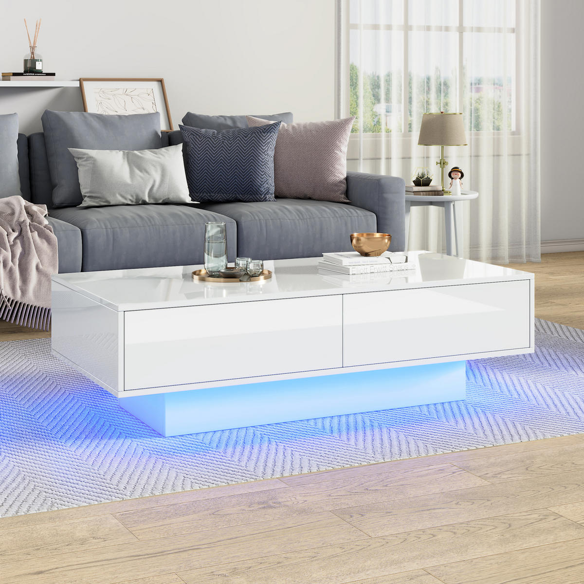 COUCHTISCH 115/55/34 cm in Weiß aus Spanplatte mit LED-Beleuchtung und 2 Schubladen - Weiß, Holzwerkstoff (115/55/34cm) - OKMYHOME