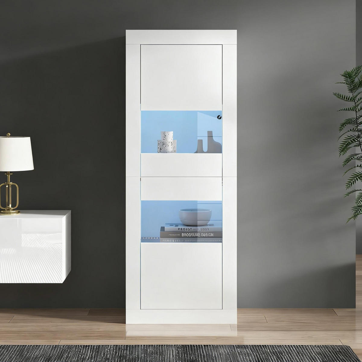 VITRINE in Weiß Highboard mit LED-Beleuchtung und Glasboden für Wohnzimmer und Schlafzimmer, B61/T42/H162 cm - Weiß, Glas/Holzwerkstoff (61/162/42cm) - STILVORA