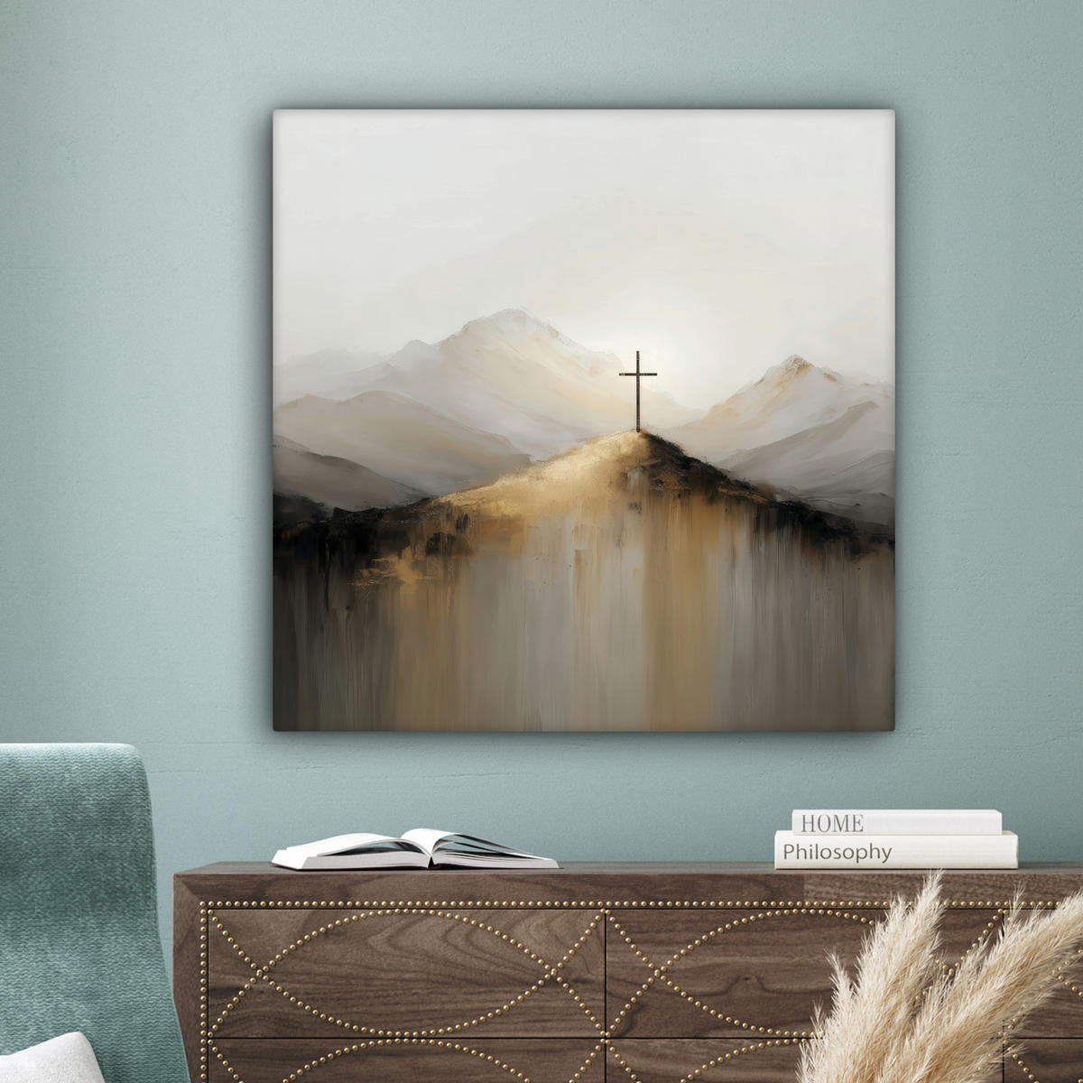 LEINWANDBILD Hügel - Abstrakt - Kreuz - Christentum Deko Groß 90x90 cm - Beige, Textil (90/90cm) - MuchoWow