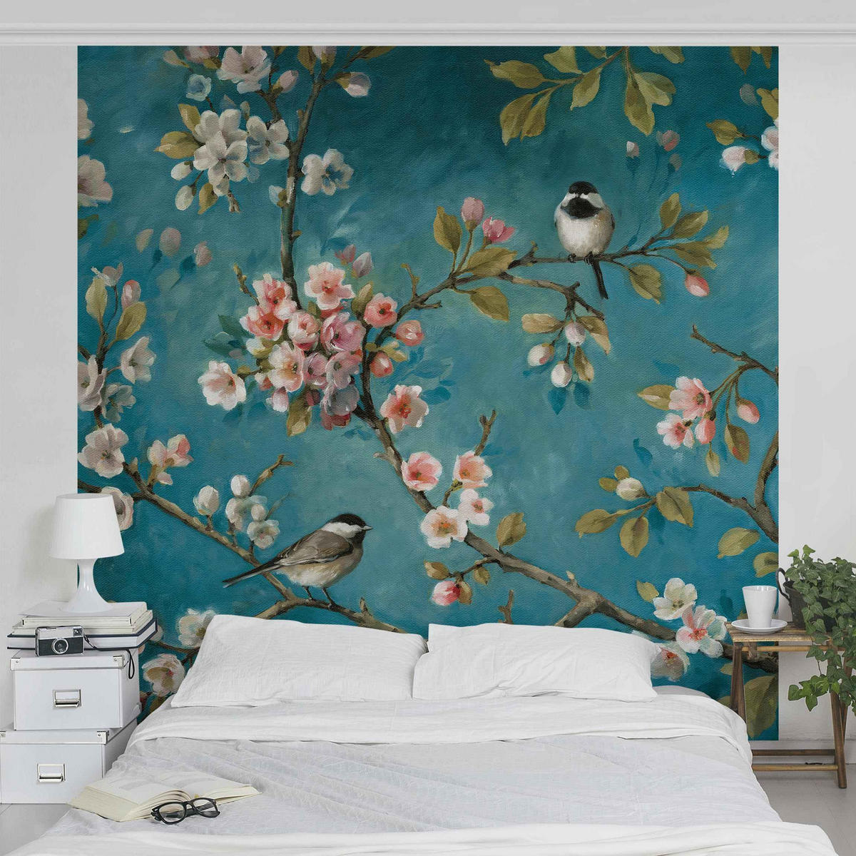 FOTOTAPETE Kirschblütenzweige auf Blau 240/240 cm - Rosa, Papier (240/240cm) - Bilderwelten