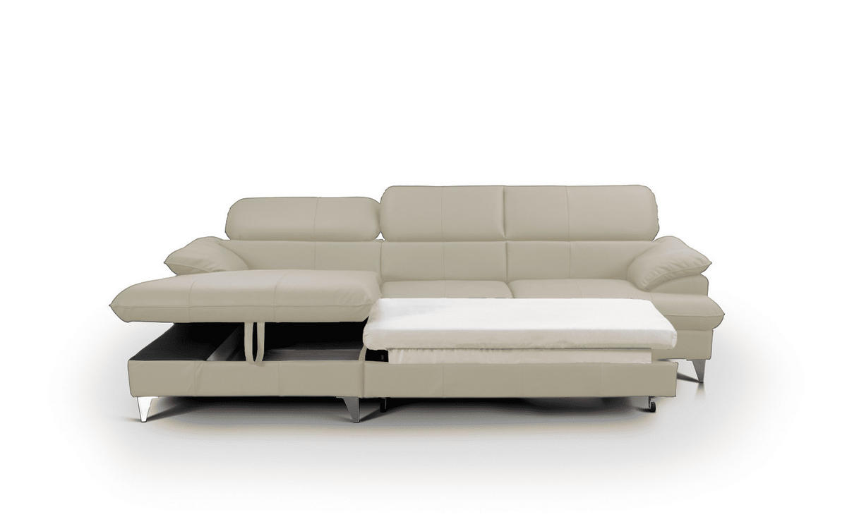 ECKSOFA mit Schlaffunktion und Bettkasten, Echtleder - Chromfarben/Beige, Leder/Holz (254/167cm) - Cotta
