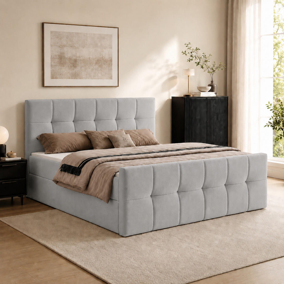 BOXBETT AUREN FRONT 140x200 cm Komplett-Set mit Bonell-Matratze, Topper und Bettkasten, Samt Platinfarben - Platinfarben, Textil (140/200cm) - Luxkor24
