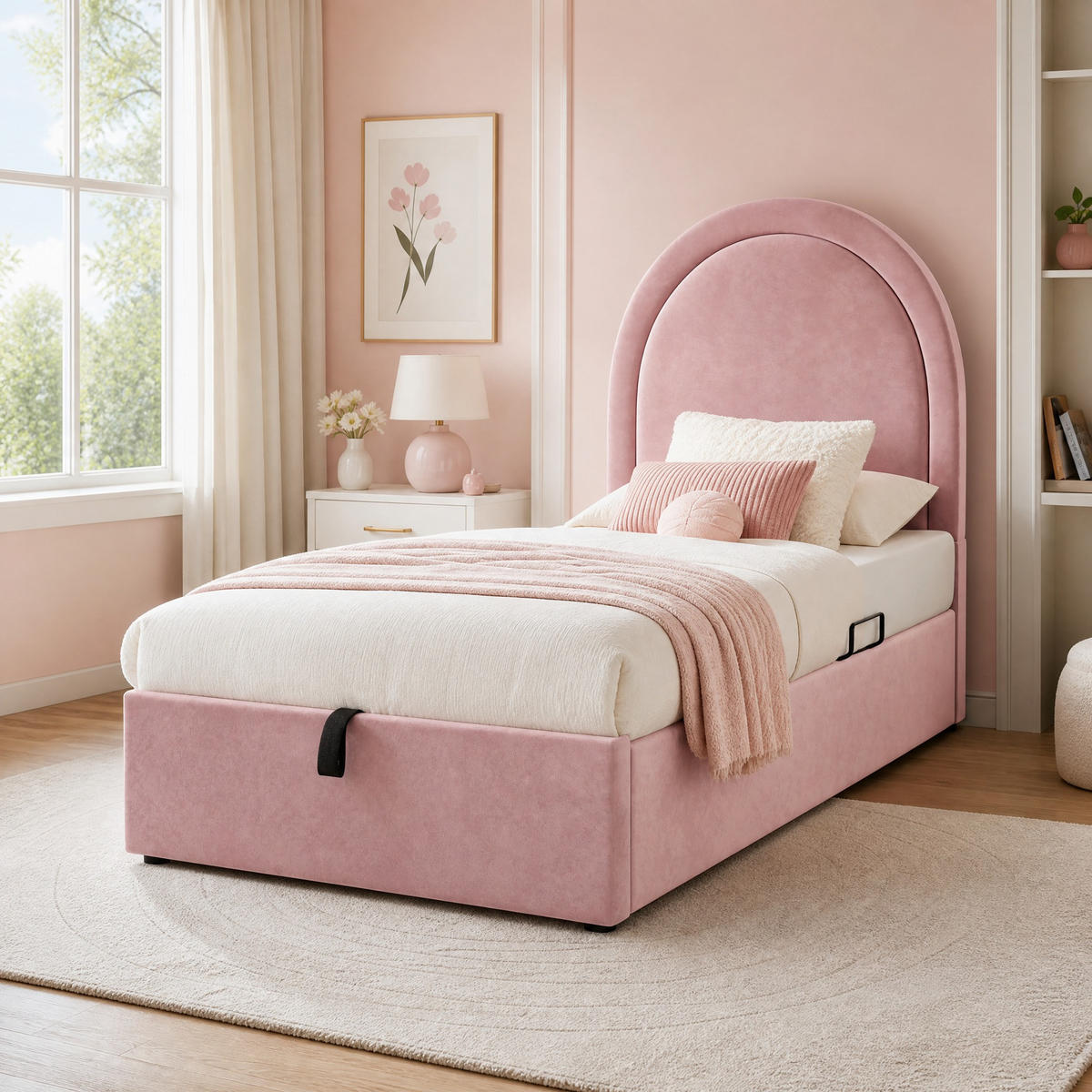 POLSTERBETT 90/200 cm in Rosa Kinderbett mit Bettkasten Samt Halbkreisbogen-Design - Rosa, Holzwerkstoff/Textil (90/200cm) - STILVORA