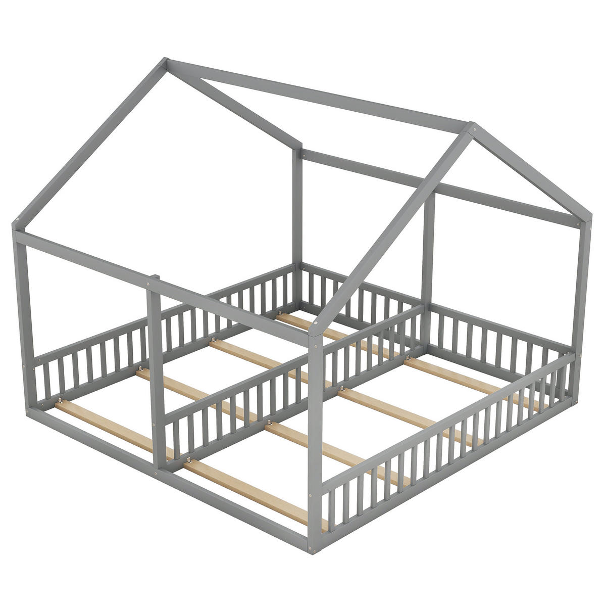 BETT 2 x 90/200 cm Grau im Hausdesign mit Schutzgittern aus Kiefer und MDF - Grau, Holz (90/200cm) - Flora Grace