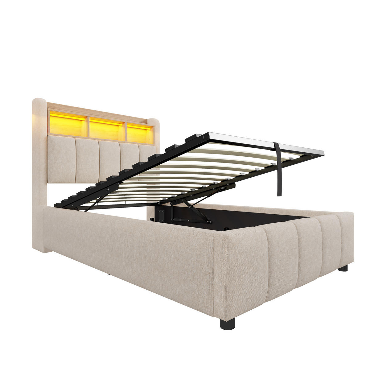 POLSTERBETT aus Leinenstoff 90x200 cm Beige mit LED-Beleuchtung, USB-C-Anschluss und hydraulischem Bettkasten - Beige, Textil (90/200cm) - Modfu