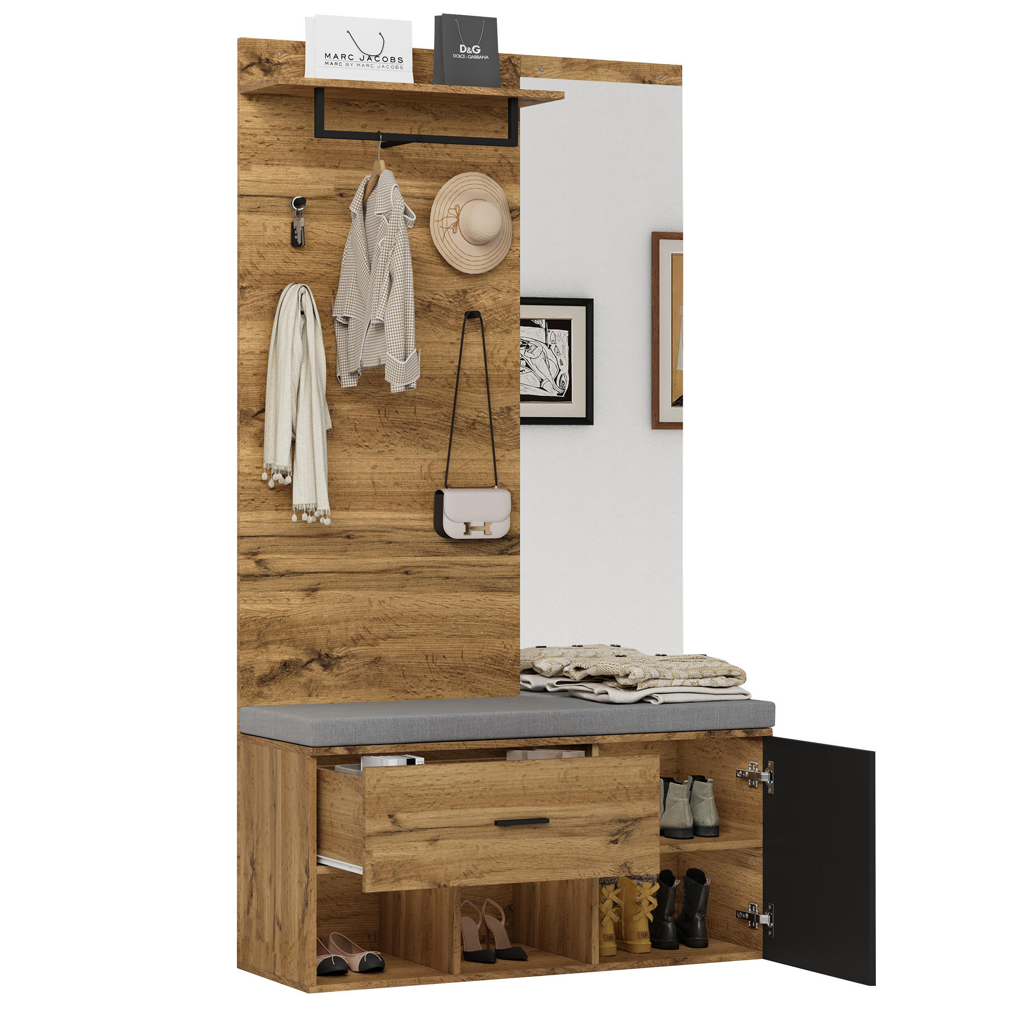 GARDEROBENSET 190Cm Spiegel Schuhbank Holzoptik - Naturfarben, Holzwerkstoff (39/190/104cm) - FLIEKS