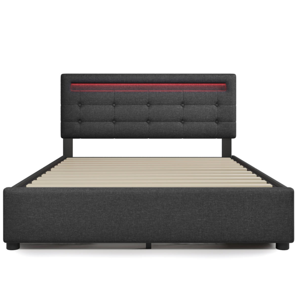 POLSTERBETT aus Leinen 140x200 cm Grau mit LED-Beleuchtung, 4 Schubladen und verstellbarem Kopfteil - Grau, Textil (140/200cm) - Modfu
