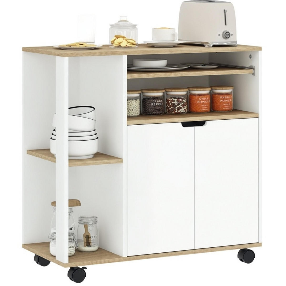KÜCHENWAGEN 80x40x82cm Weiß mit Arbeitsplatte, Schrank, Regalen & 4 Rollen - Weiß, Holz (80/82/40cm) - Modfu