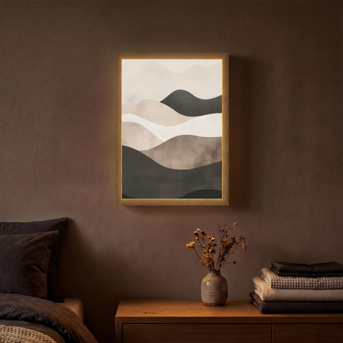 NÁSTĚNNÁ LAMPA S AKUMULÁTOREM Abstraktní - Krajina - Vlny - Krémová barva 30x40 cm - šedohnědá, kompozitní dřevo (30/40/8cm) - OnlyWow