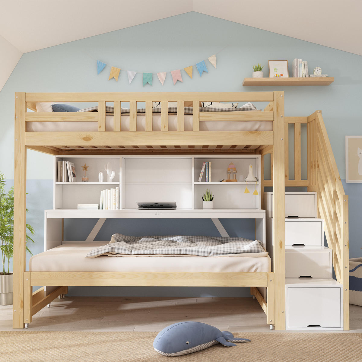 ETAGENBETT 90x200/90x190 cm Weiß Eiche mit Ausziehbett - Eichefarben/Weiß, Holz (90/200cm) - FLIEKS
