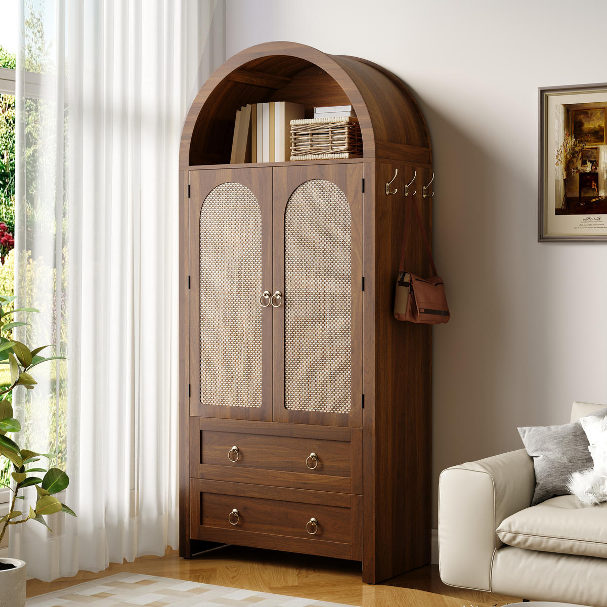 SIDEBOARD Korbgeflecht Bogenstil 2 Schubladen Vintage Stauraum - Walnussfarben, Holzwerkstoff (40/180/80cm) - FLIEKS