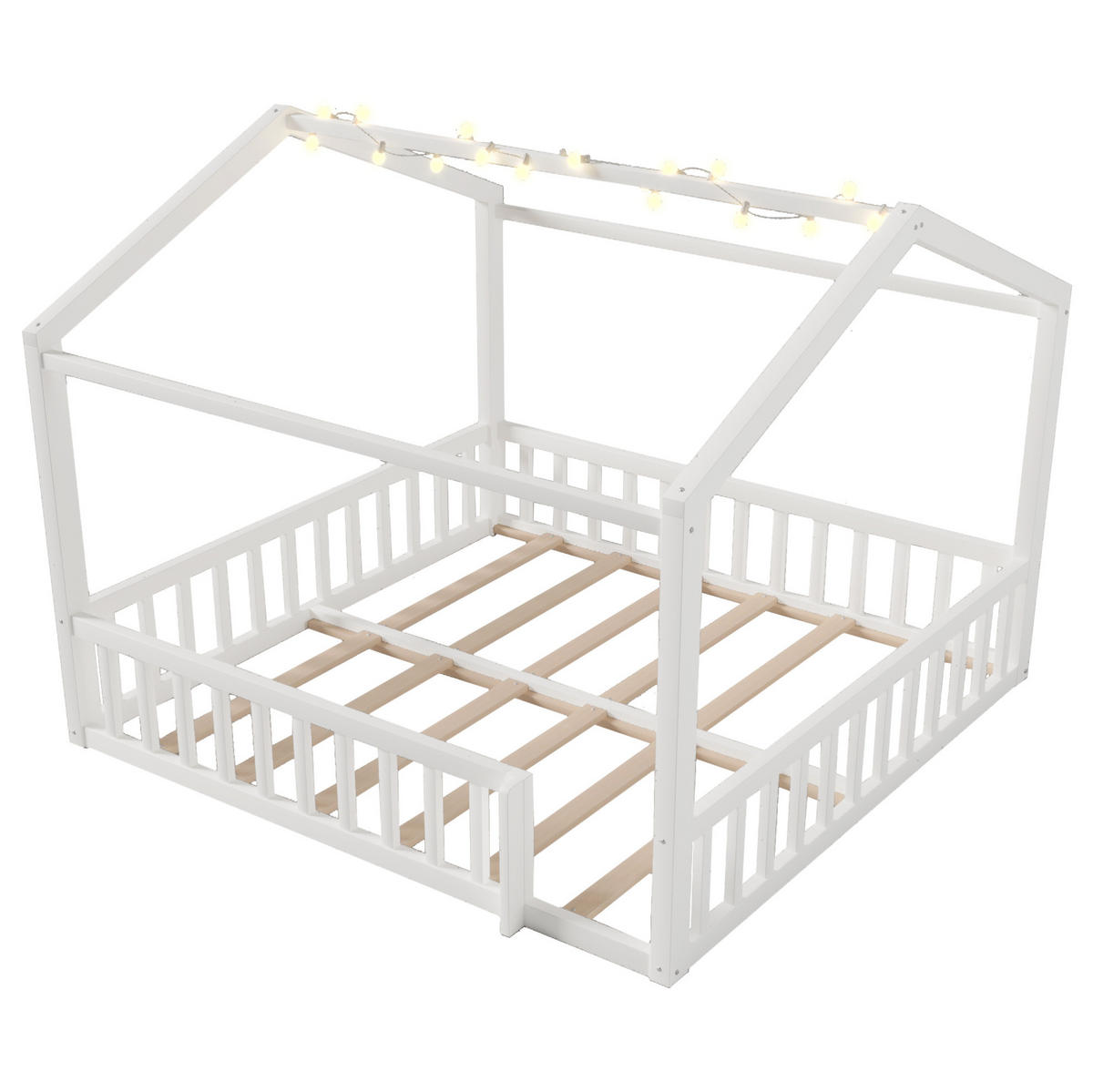 KINDERBETT 90/190 cm, teilbar zum 180/190 cm Bett, mit LED, Hausform und Rundum-Schutzgitter, Kiefer massiv, Weiß - Weiß, Holz (90/190cm) - Redom