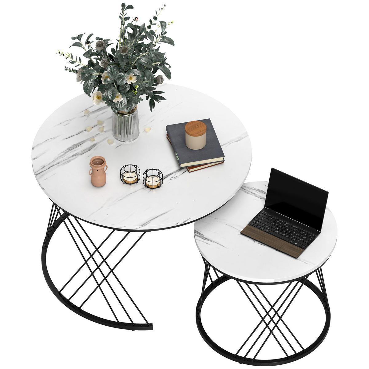 COUCHTISCHE im 2er-Set, Marmoroptik, Spanplatte, Metall, runde Kaffeetische für Wohnzimmer, ineinanderstellbar, Weiß - Weiß, Holzwerkstoff (70/70/46.5cm)