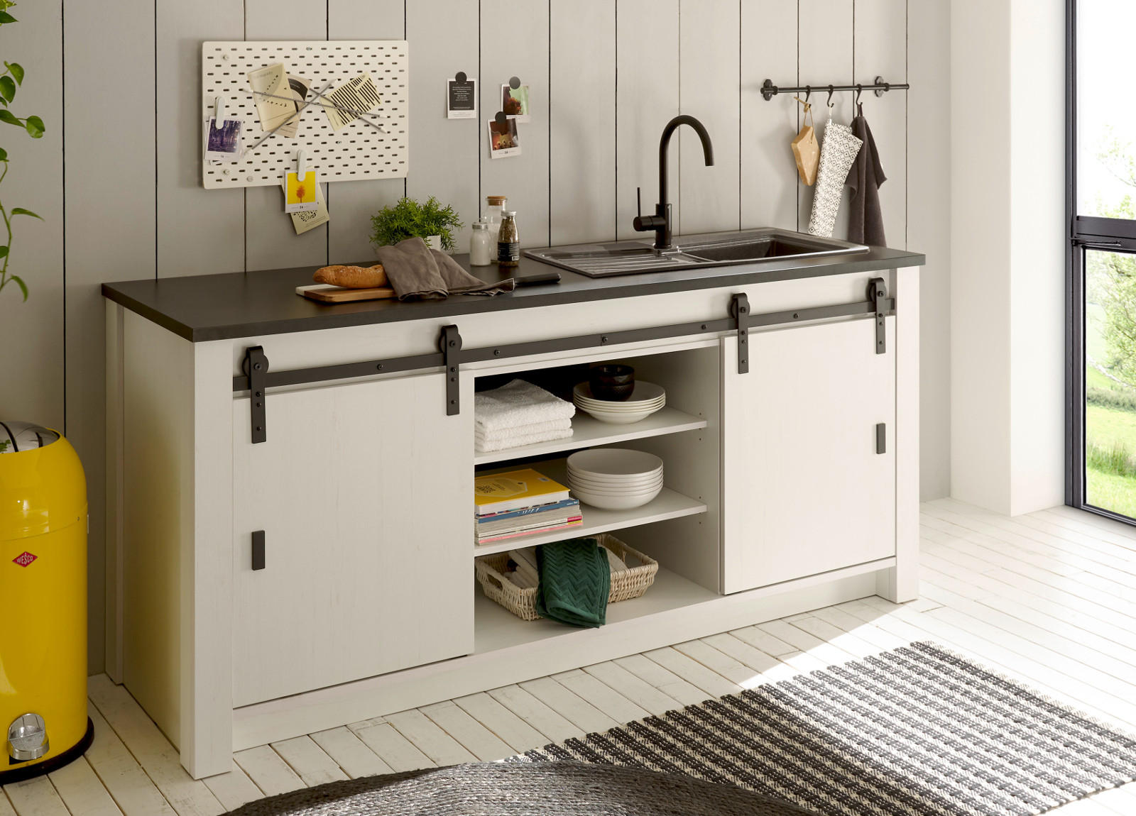 KÜCHENSCHRANK weiß Pinie, anthrazit Landhaus, Küche Unterschrank für Spüle oder Kochfeld cm 200 cm - Anthrazit/Schwarz, Holzwerkstoff/Metall (201/93/64cm) - Furn.Design