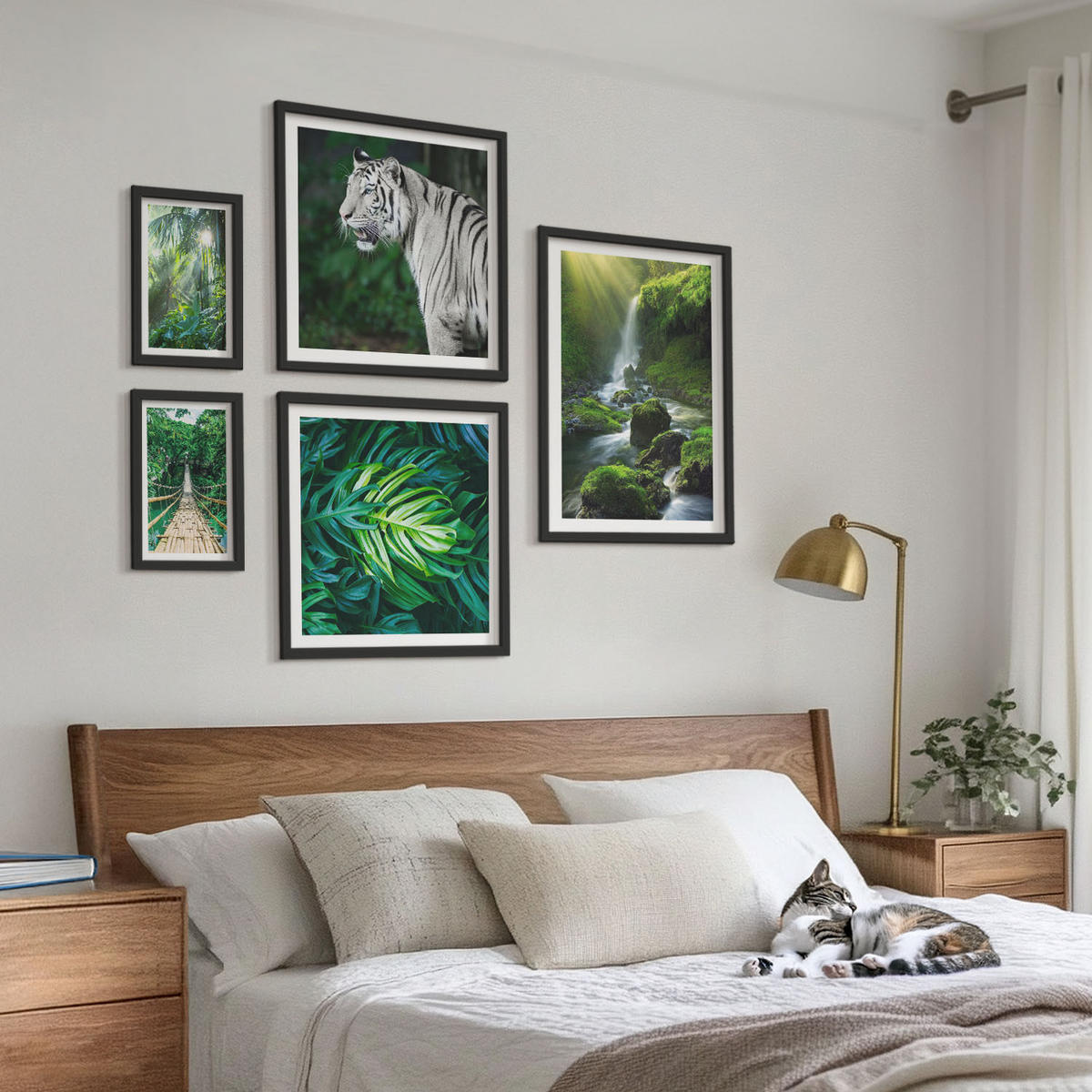 BILDER SET 5er Set - 50x50 cm & 20x30 cm & 40x60 cm Schwarzer Rahmen - Dschungel-Weißtiger-Wasserfall - Schwarz, Kunststoff (40/60cm) - TULUP