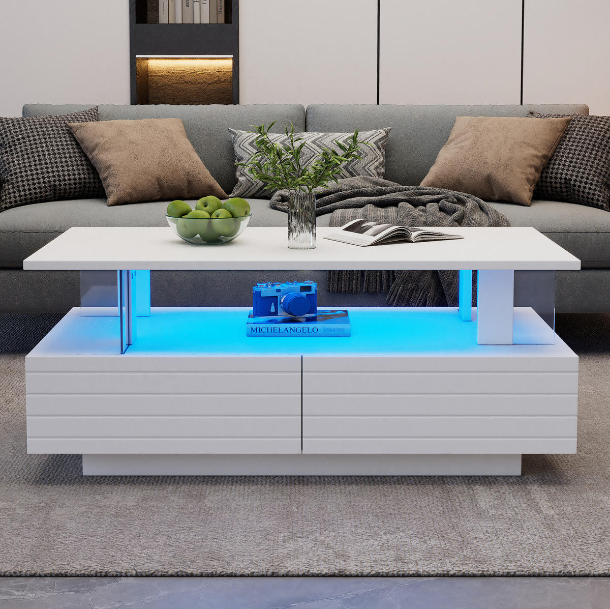 COUCHTISCH mit LED 100 x 50 cm Acryl Weiß mit 2 Schubladen - Weiß, Holz (100/50/42cm) - Meubliv