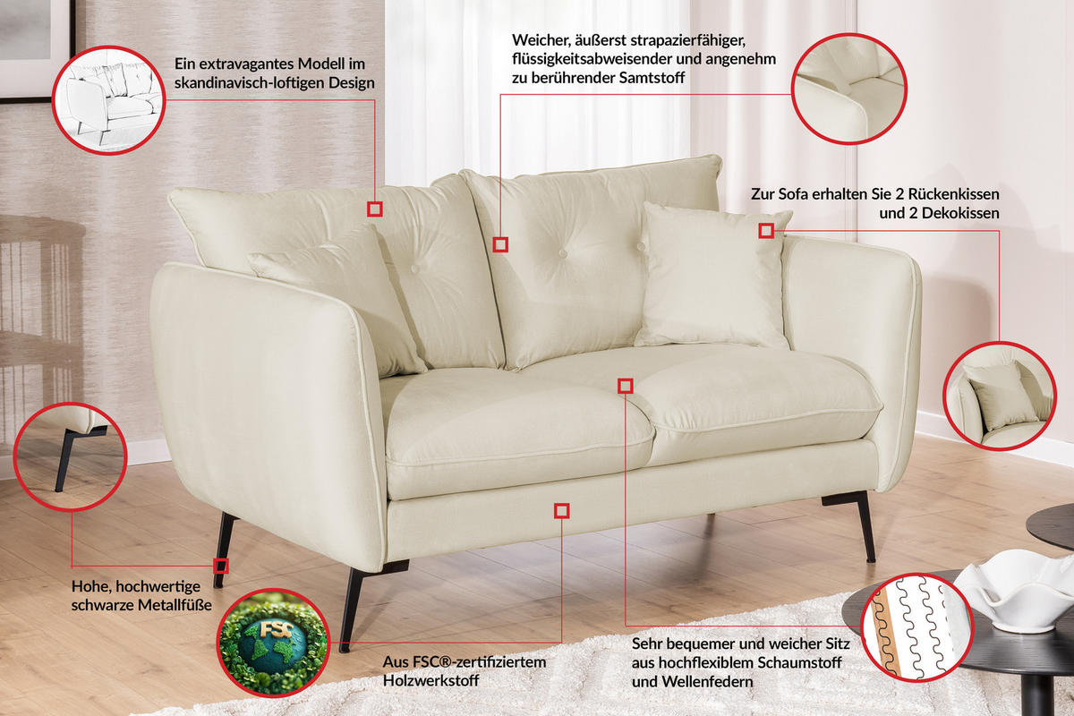 SITZGARNITUR 2+1 Nordloft Beige Samt - Beige/Schwarz, Holz/Textil (133/86/59cm) - S-Style Möbel