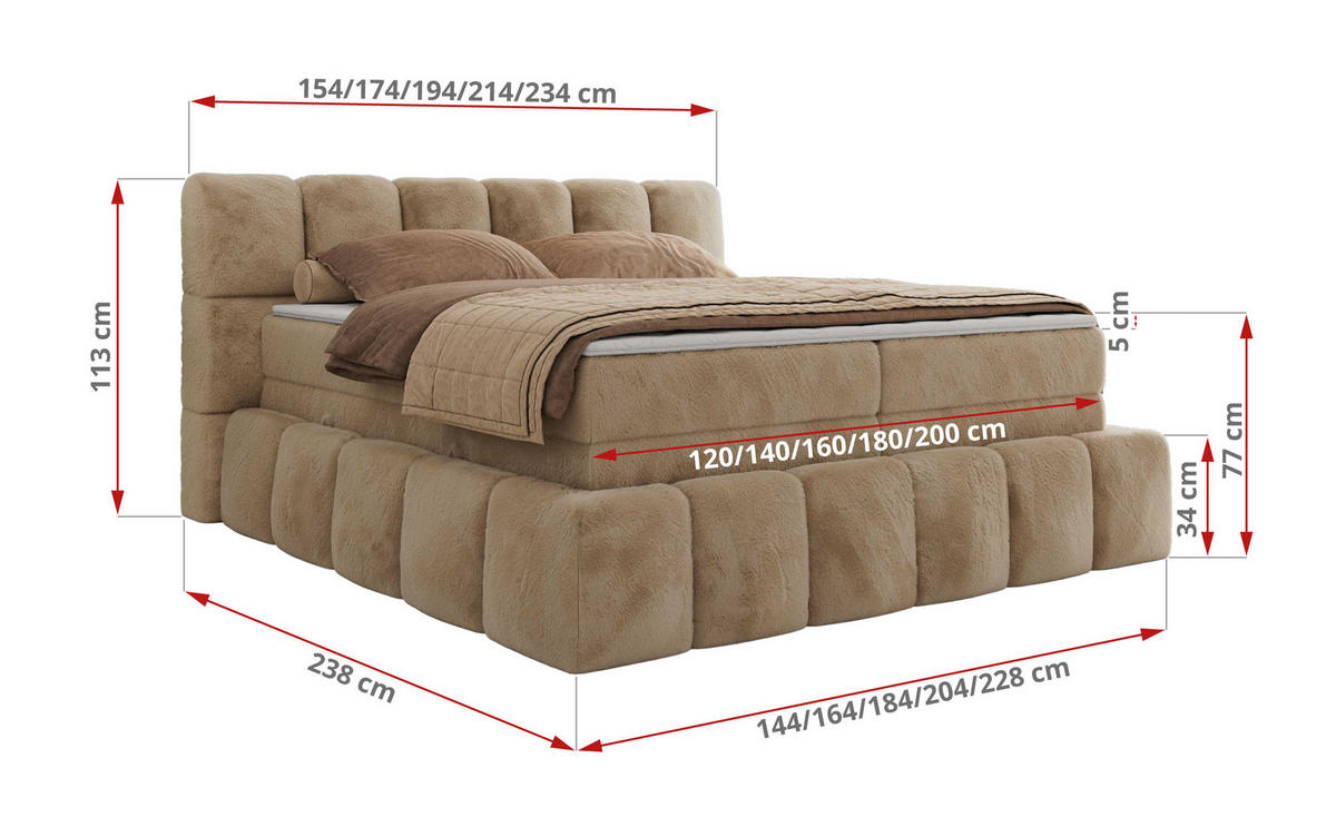 BOXSPRINGBETT NIRA KING 160/200 Beige Plüsch - H3 - Beige, Holz/Textil (160/200cm) - MKS