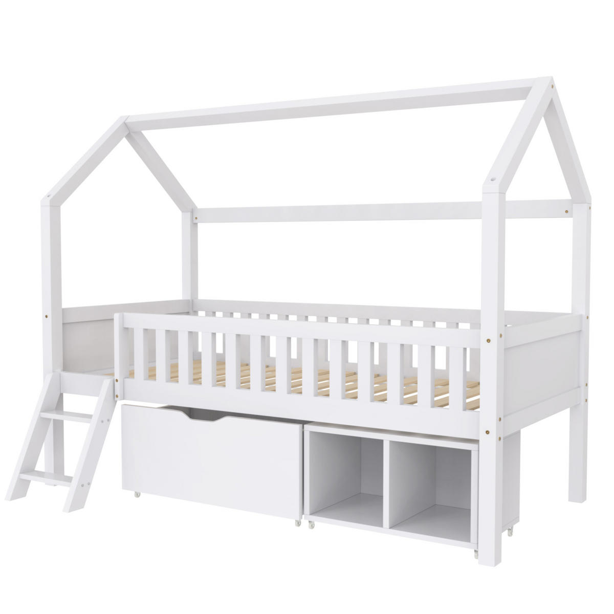 HAUSBETT 90x200 cm in Weiß mit Schubladen, Staufächern und Rausfallschutz - Weiß, Holzwerkstoff (90/200cm) - IVMEU