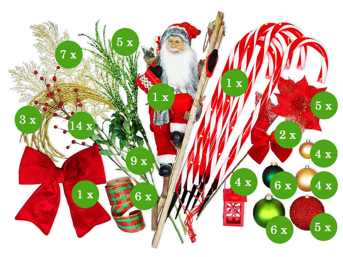 LAALU WEIHNACHTSBAUM geschmückt künstlich mit 87 Ornamenten SANTA CLAUS 150 cm Baum mit Ständer und Weihnachtsornamenten - Rot/Goldfarben, Kunststoff (150cm) - LAALU
