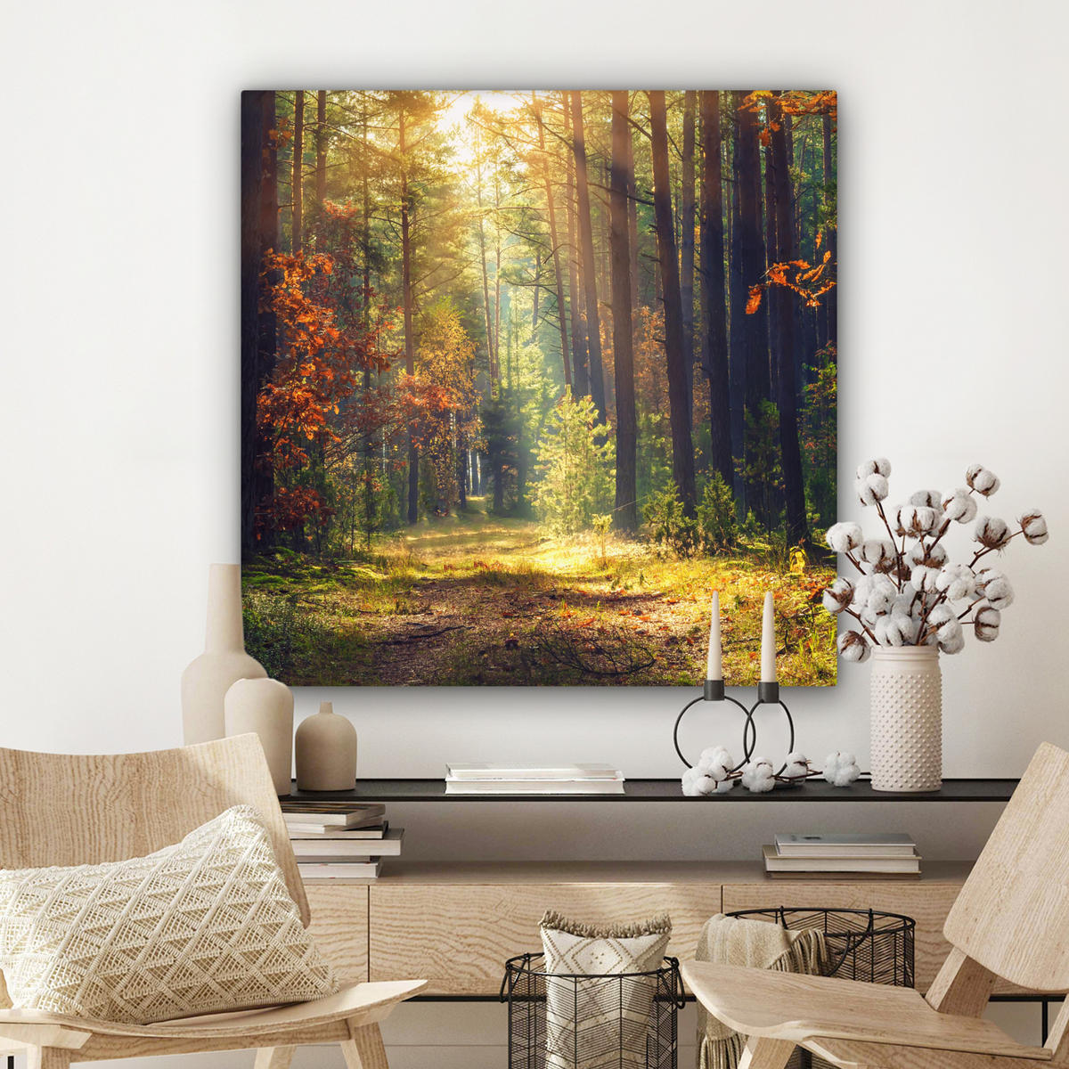 LEINWANDBILD Wald - Herbst - Bäume Deko Groß 90x90 cm - Dunkelgrün, Textil (90/90cm) - MuchoWow