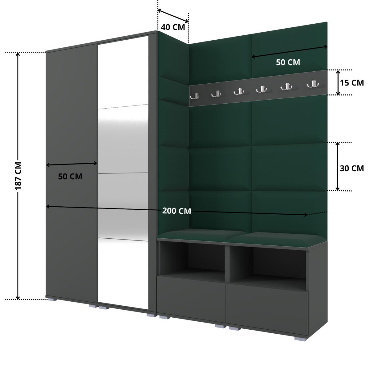 GARDEROBE NELA VI 200 cm (Modulare Flurmöbel Graphit mit Spiegel & Sitzpolster Flaschengrün 28 Universell) - Dunkelgrün/Silberfarben, Holz/Holzwerkstoff (200/187/40cm) - Ravio
