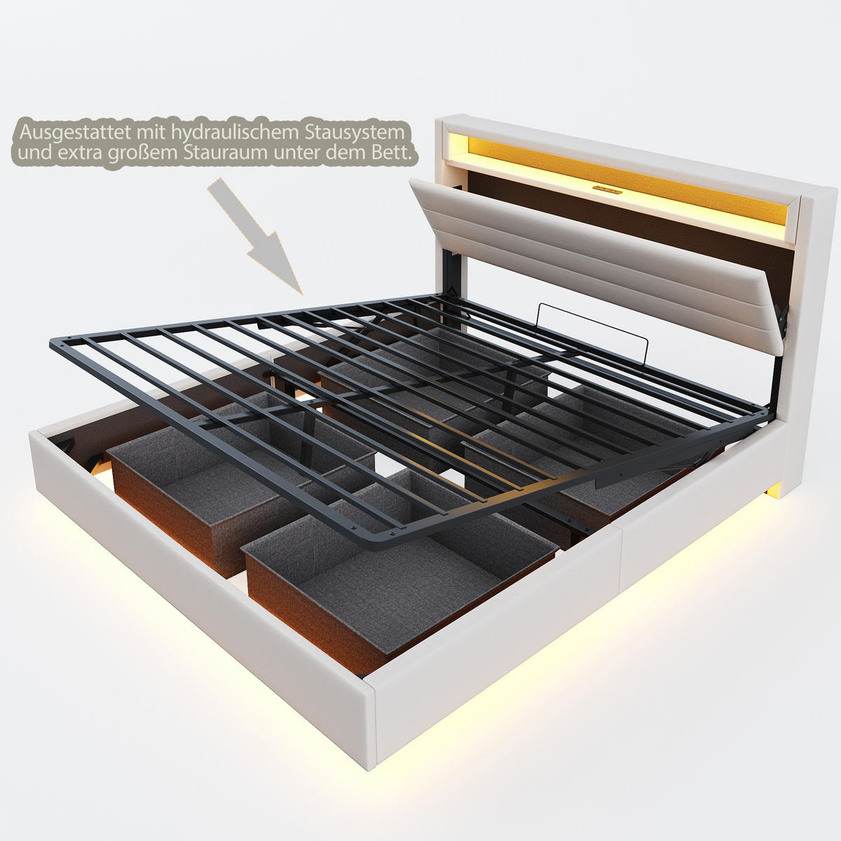 POLSTERBETT 140/200 cm in Beige Leinen mit Bettkasten, LED und USB - Beige, Holzwerkstoff/Textil (140/200cm) - WISHDOR