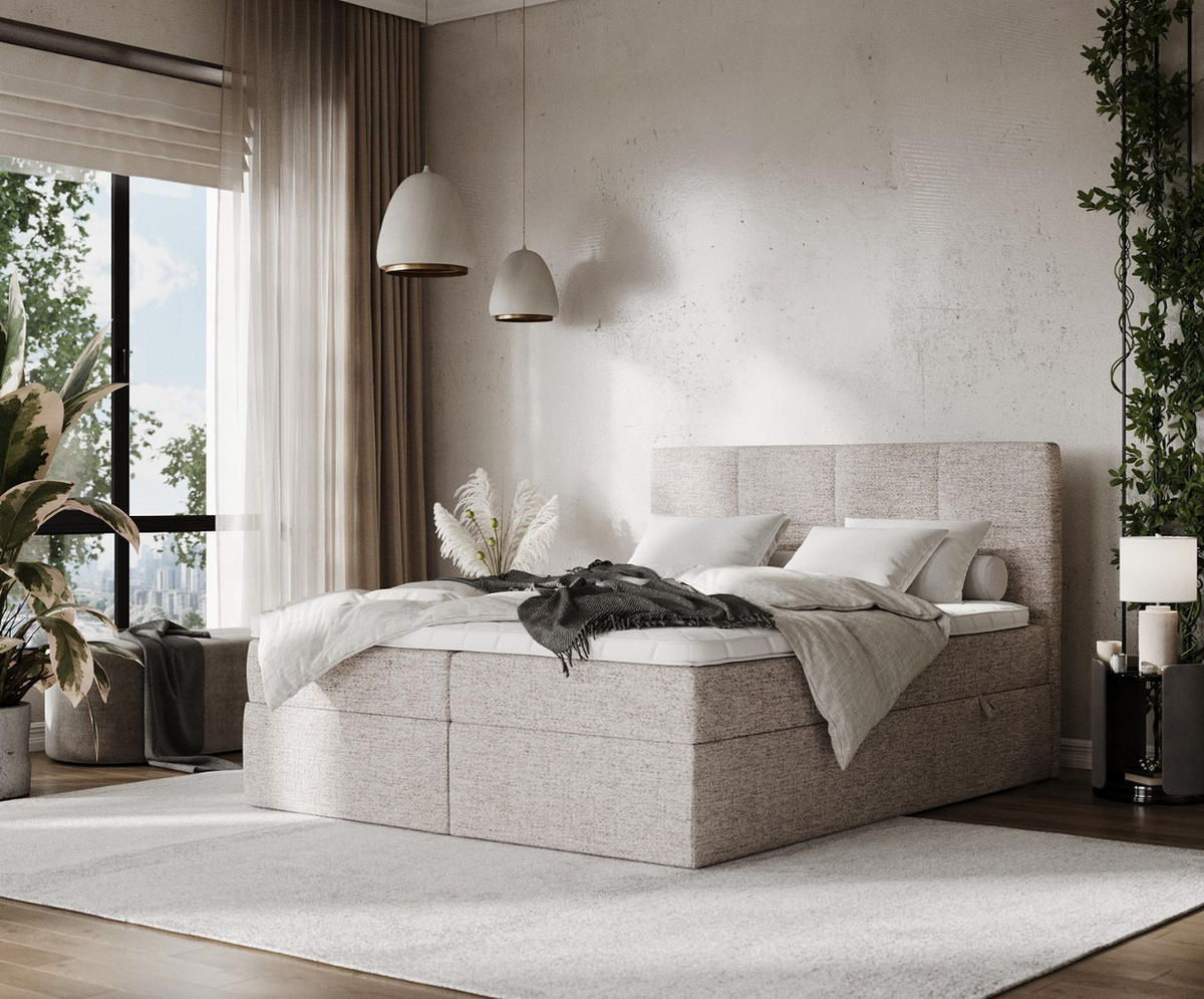 BOXBETT Oris 160/200 cm Beige im Neve Stoff - Beige/Schwarz, Holz/Holzwerkstoff (160/200cm) - AltaBeds