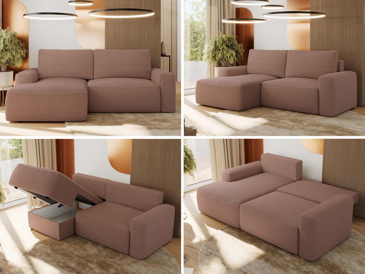 ECKSOFA BELLUNO L Rosa Boucle - Links - Schwarz/Rosa, Textil (144/233cm) - MKS