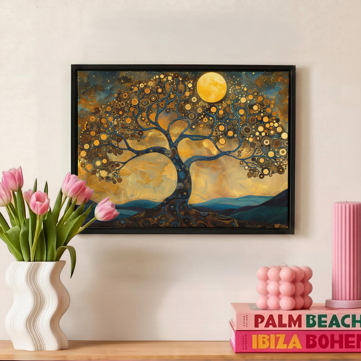 LEINWAND Bilder mit Rahmen - Baum - Mond - Blumen - Gold - Kunst - 40x30 - Orange, Textil (40/30cm) - MuchoWow