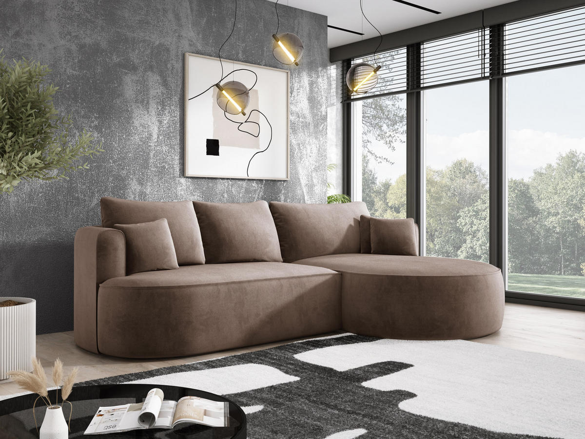 ECKSOFA FIORE L-förm Moderne Ausziehbare Schlaf-Funktion, automatischer Auffaltung, lose Rückenkissen freistehend RECHTS 284x183x82cm Cappuccino - Cappuccino, Holz/Textil (284/183cm) - DomoHome